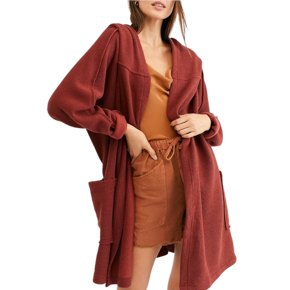 Free People Willow Hooded Cardigan Wine Long Sleeve Tie Belt Oversized - Picture 2 of 8